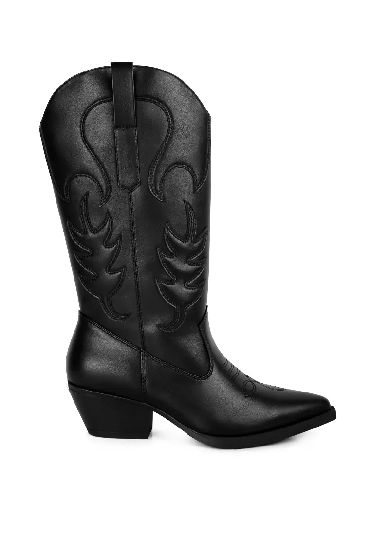 Discount on London Rag  shoes - SKU: Black Embroidered Block Heel Cowboy Boots