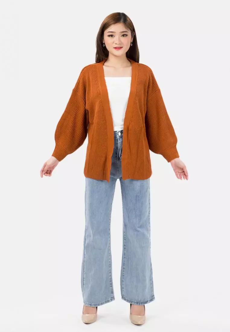 Balloon Sleeve Knit Cardigan in Terracotta