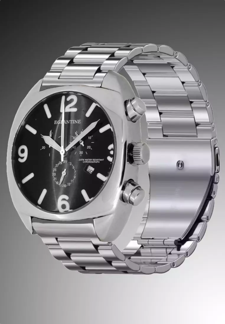 XXL Big Bubble Men's Chronograph Stainless Steel Quartz Watch, 47x45mm, Black Dial, Stainless Steel Bracelet