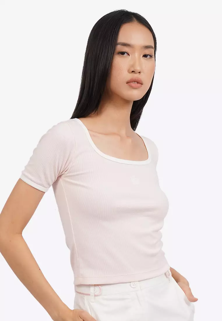 Contrast Rib Square Neck Logo T-Shirt