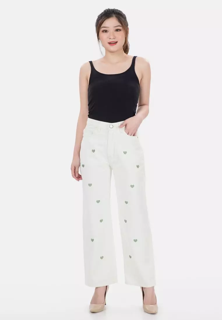 Heart Straigh Jeans in White Green