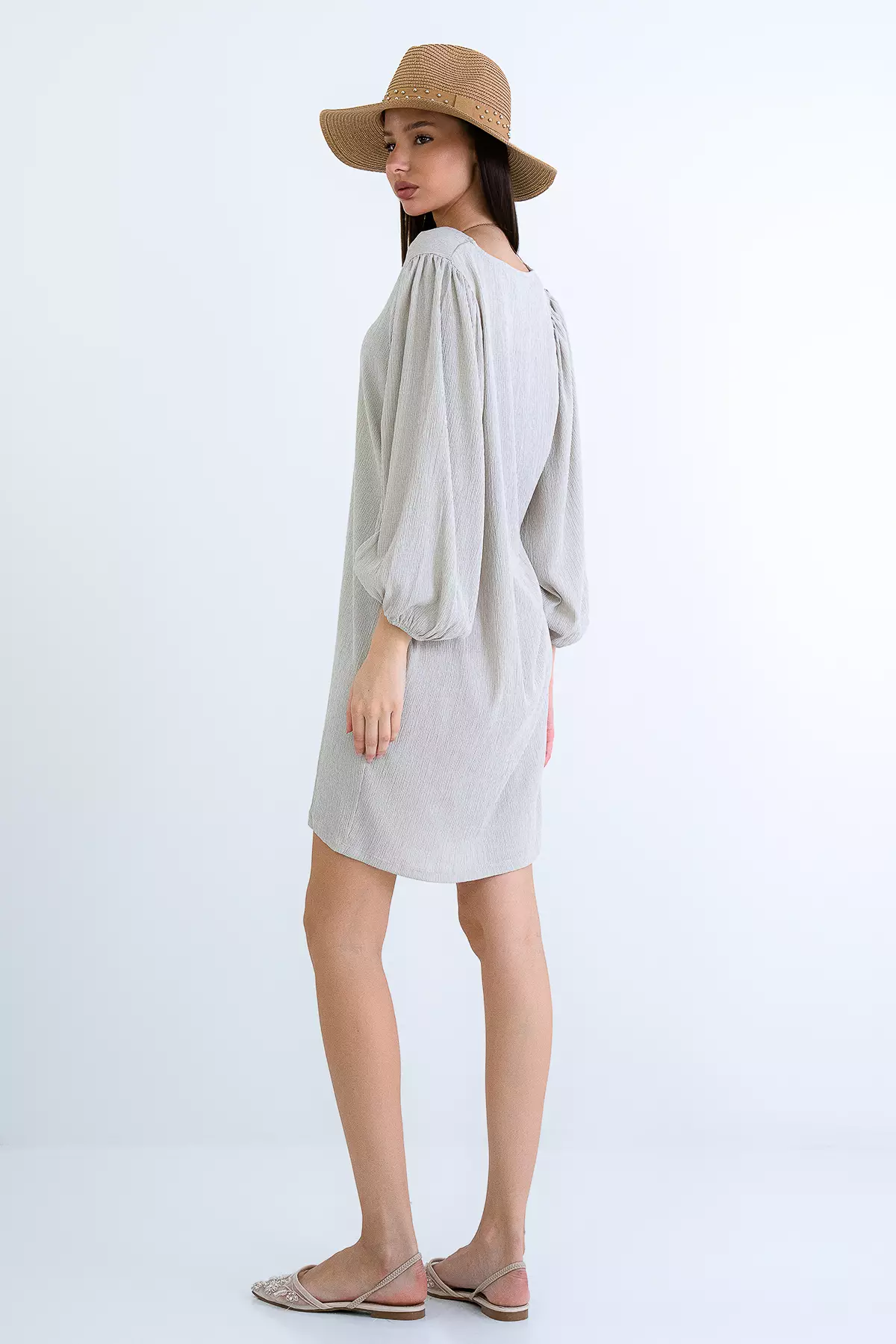 Beige V-Neck Princess Sleeve Wrap Mini Dress Alc-X15160