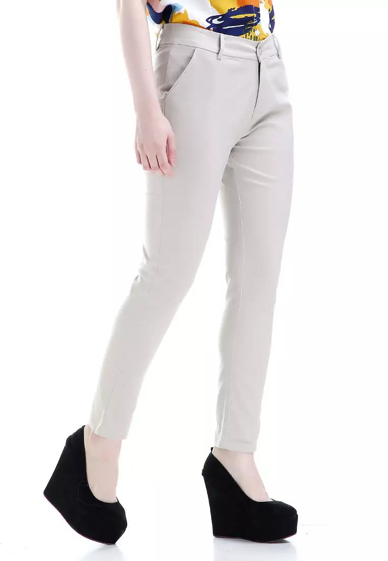 Tinsley Celana Chino Bawahan Wanita Kasual Motif Solid Long Pants Woman - Cream