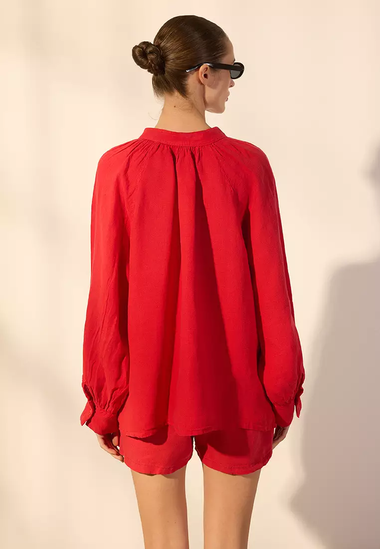 Red 100% Linen Judge Collar Shirt TWOSS25GO00134