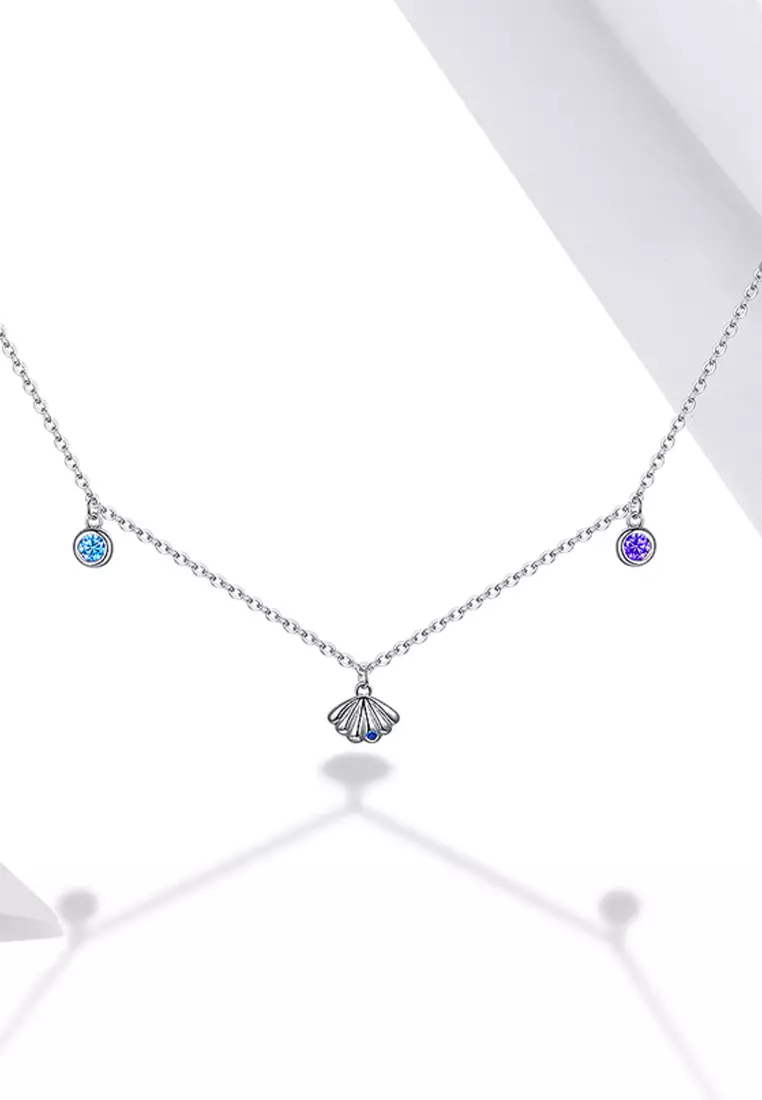 Solid 925 Sterling Silver Cubic Zirconia Multicolour Crystals and Seashells Necklace