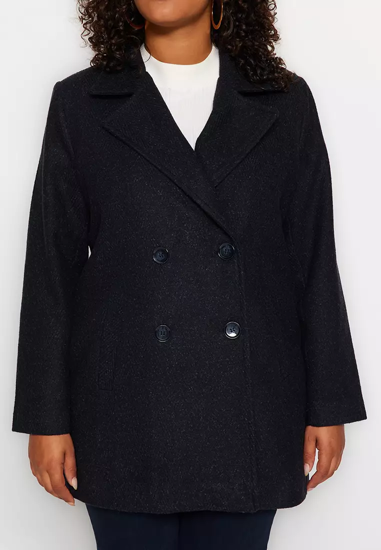 Plus Size Lined Double Closed Stamp Coat