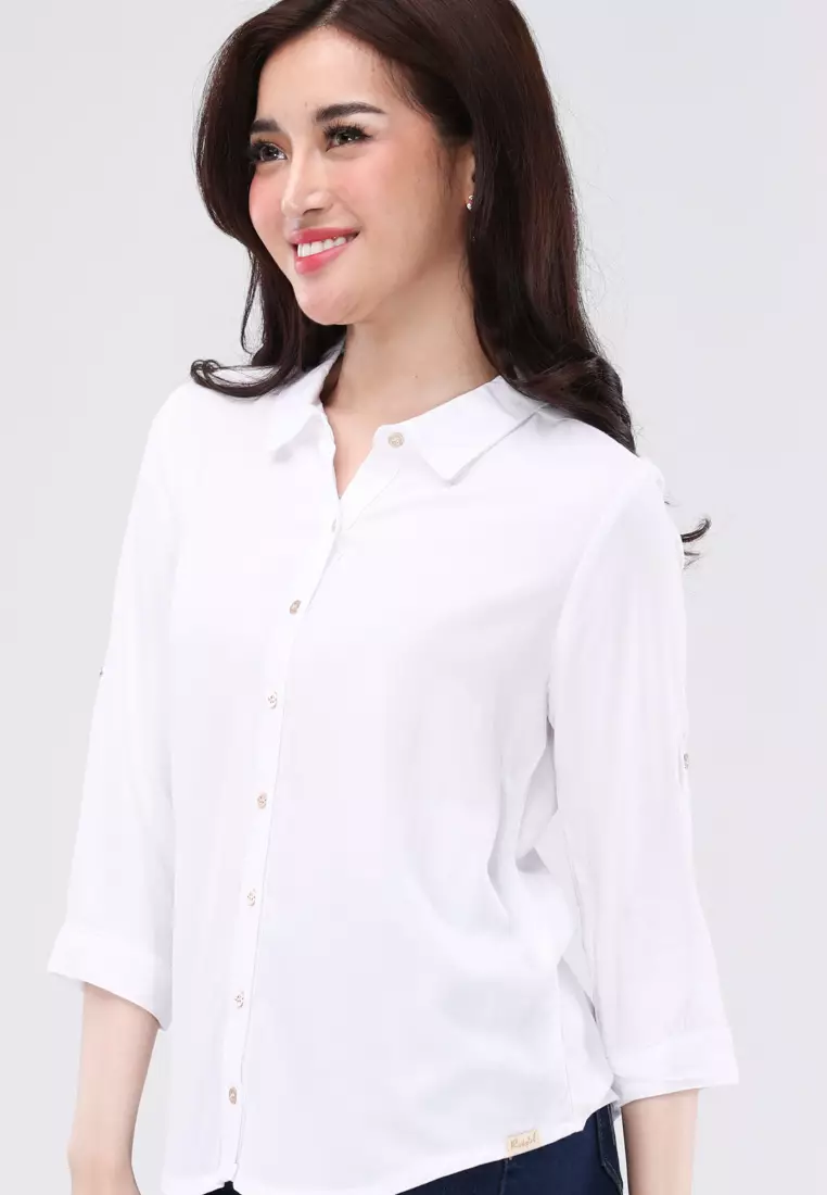 Bold Twill 3/4 Sleeves Collared Blouse