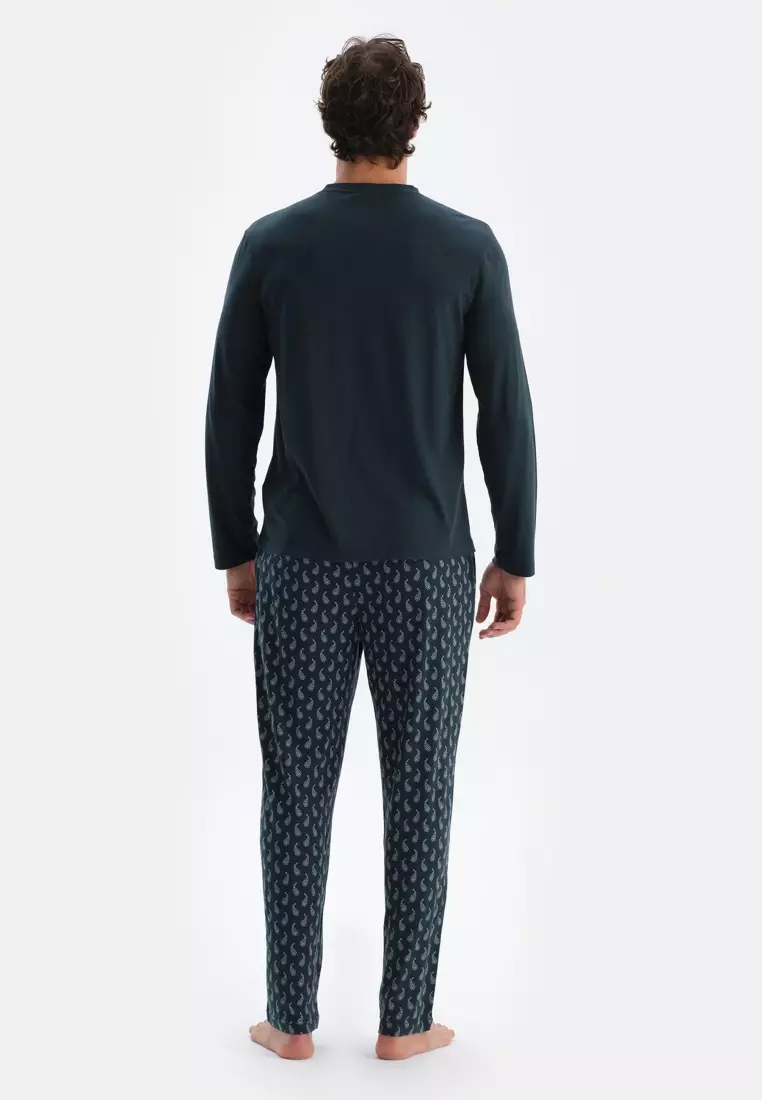 Navy T-Shirt & Trousers Set, Crew Neck, Regular Fit, Long Sleeve Sleepwear for Men