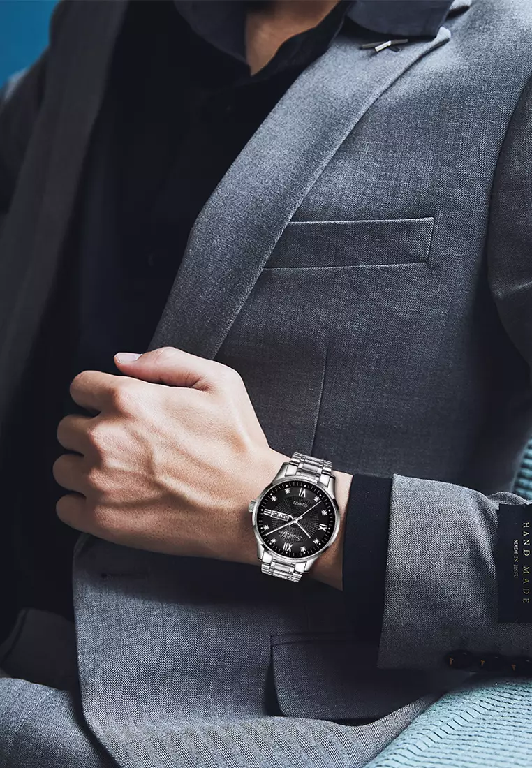 Jam Tangan Pria Original 9011 Anti Air Kuarsa Jam Pria Calendar Tali Stainless Steel Jam Tangan Cowok silverblack