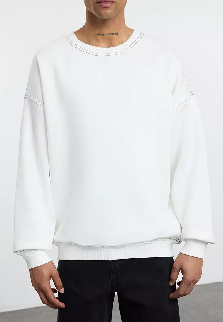 Ecru Fleece Oversize Sweatshirt - Crew Neck, Stitching Detail Tmnaw24Sw00011