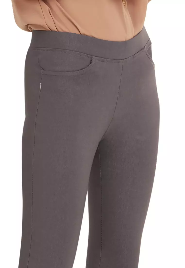 Skinny Pants Celana Panjang Polos Rubbery Waist Bawahan Wanita - Dark Grey
