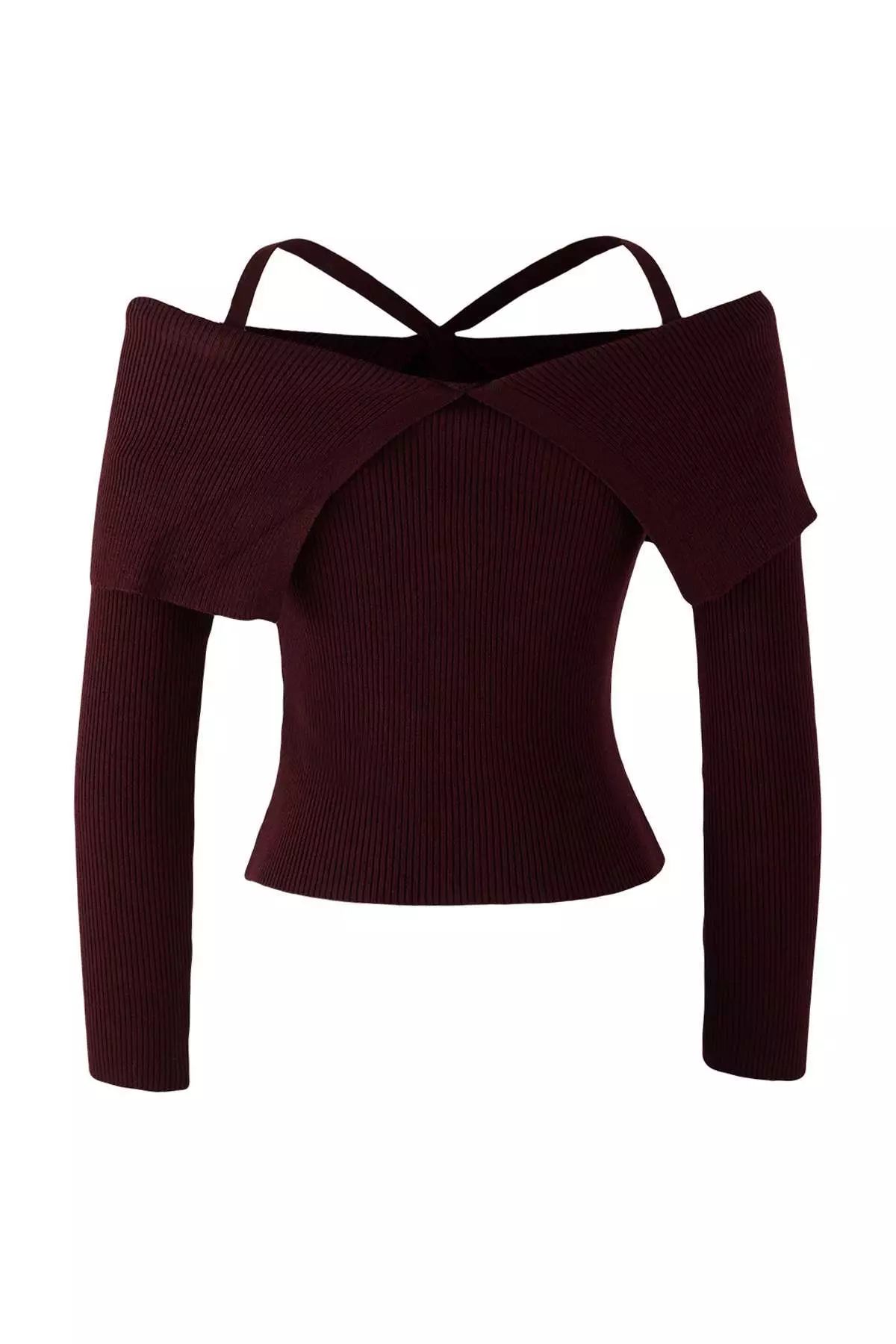 Burgundy Premium Yarn/Special Yarn Carmen Neck Strap Knitwear Sweater