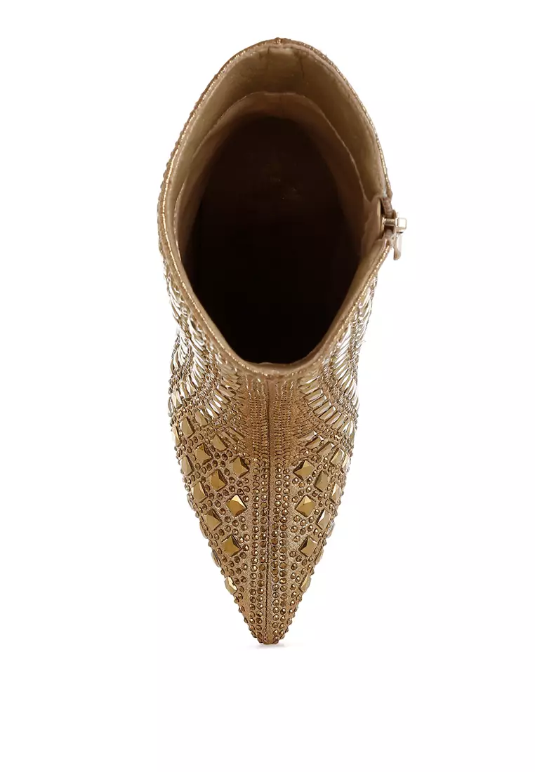 Pointed Toe Rhinestones Stiletto Boots in Gold
