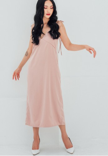 Boss Babe the Label pink Danielle Midi V-Neck Strappy Satin Dress in Pink EE492AA69ACC91GS_1