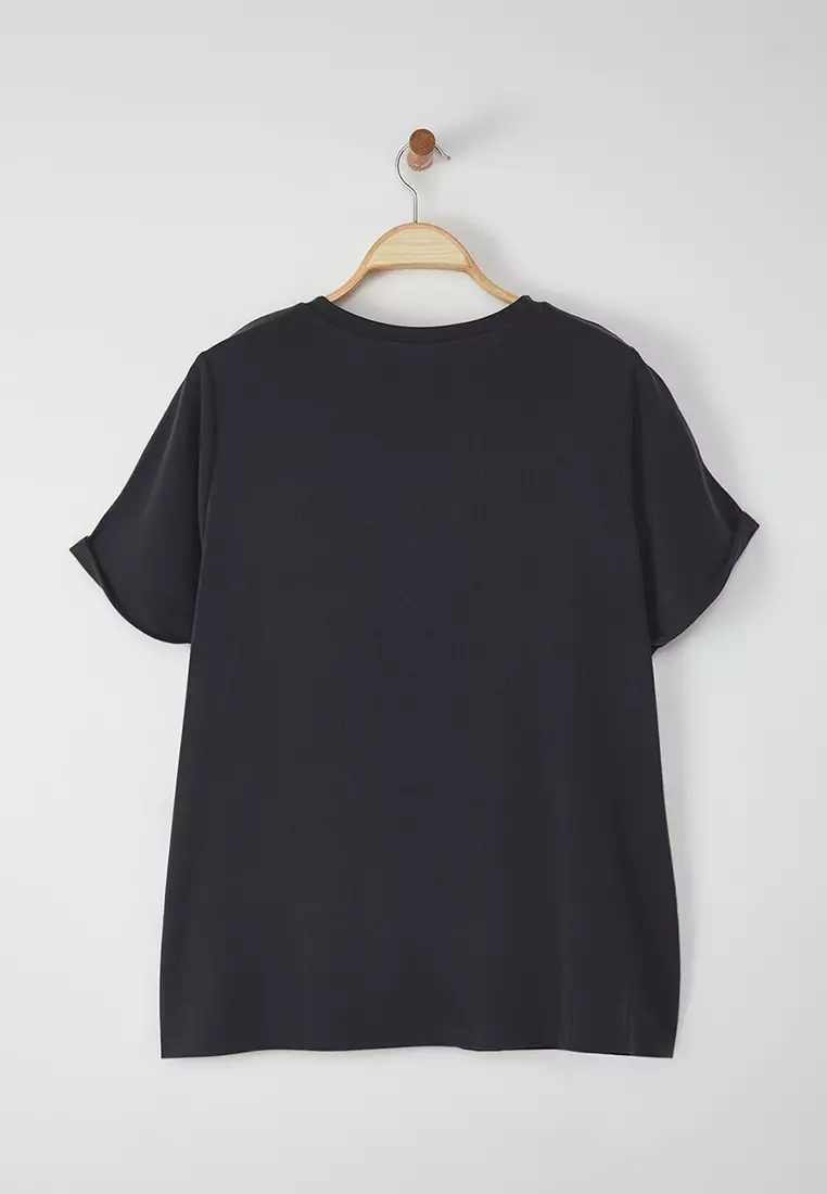 Anthracite Crew Neck Modal Flowy Comfortable Plus Size T-Shirt Tbbss25Bf00054