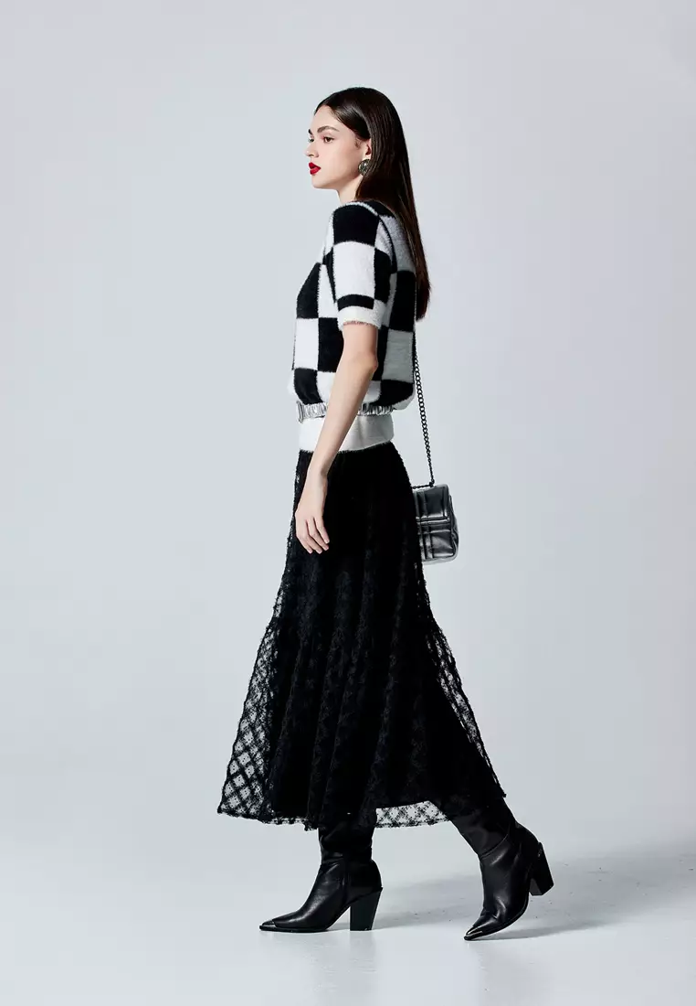 Black White Checkered Fuzzy Top