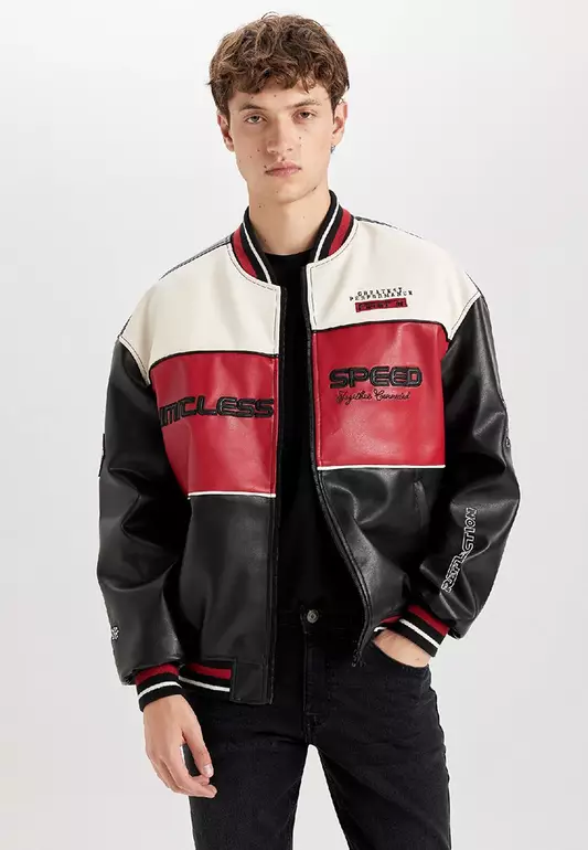 Water Repellent Bomber Jacket Oversize Wide Cut Faux Leather College Collar Zippered Pocket Seasonal