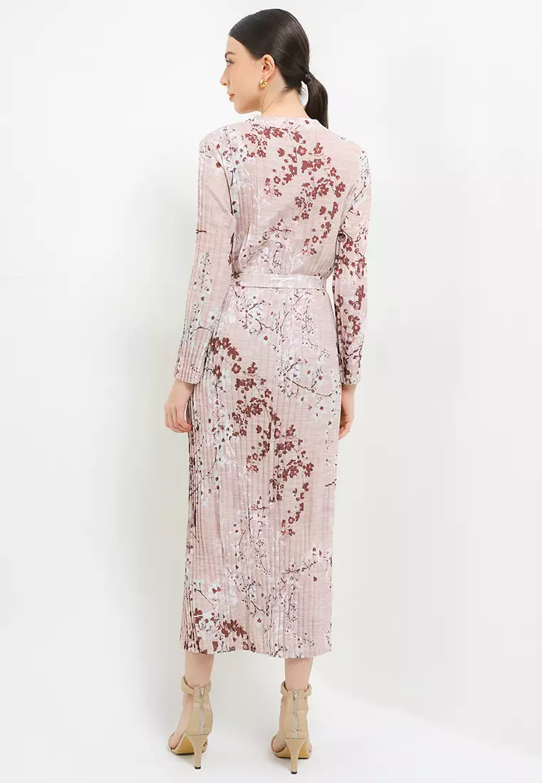 Self Tie Flo Print Pleated Maxi Dress