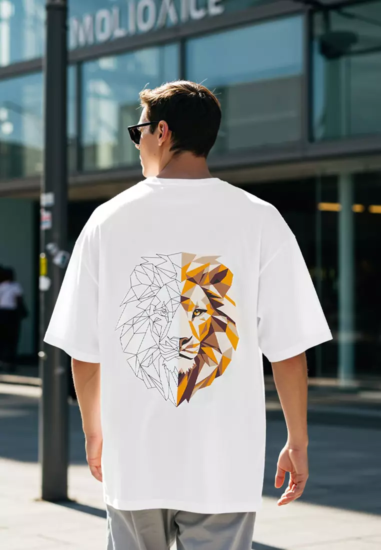 Ecru Oversize/Wide Cut Back Lion Printed 100% Cotton T-Shirt Tmnss25Ts00117