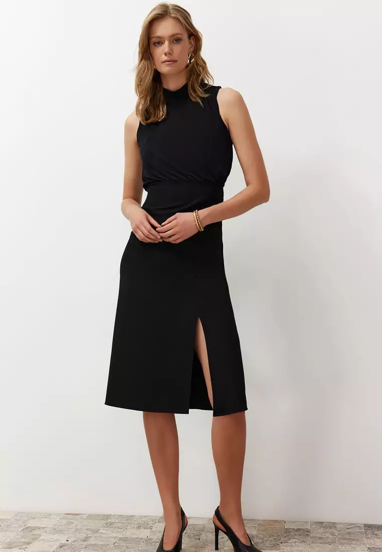 Sleeveless Mock Neck Slit Midi Dress