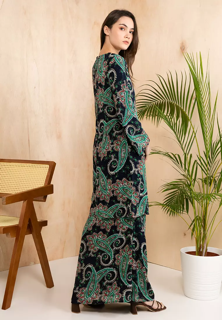 Paisley Batik Prints Baju Kurung Moden Chiffon in Dark Blue