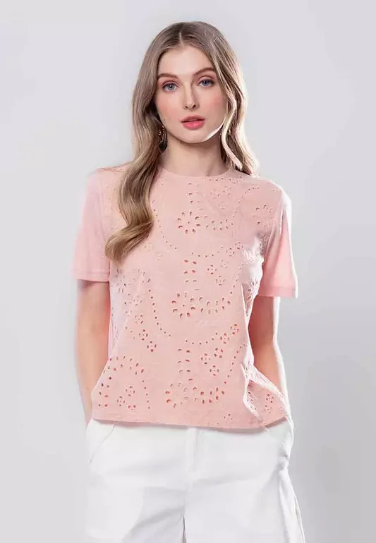 Lysandra Round Neck Plain Knit Top with Eyelet Front