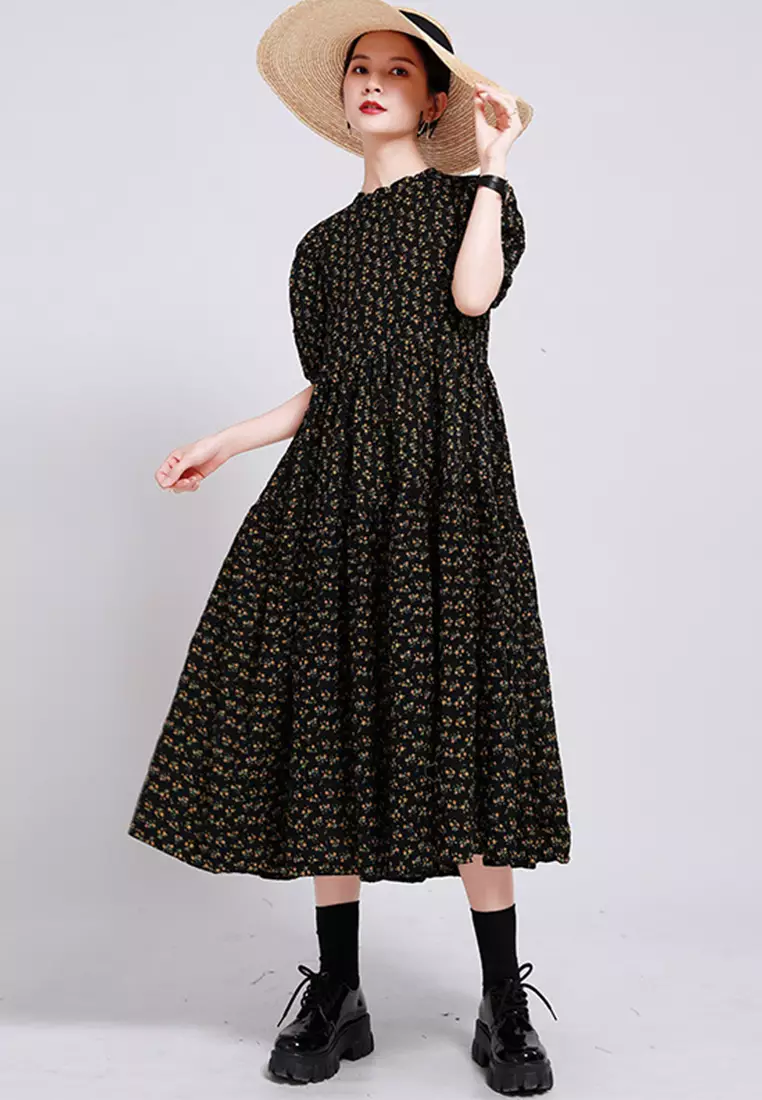 2025 S/S 法式優雅圓領泡泡袖碎花大裙擺長連身裙 CA23032105