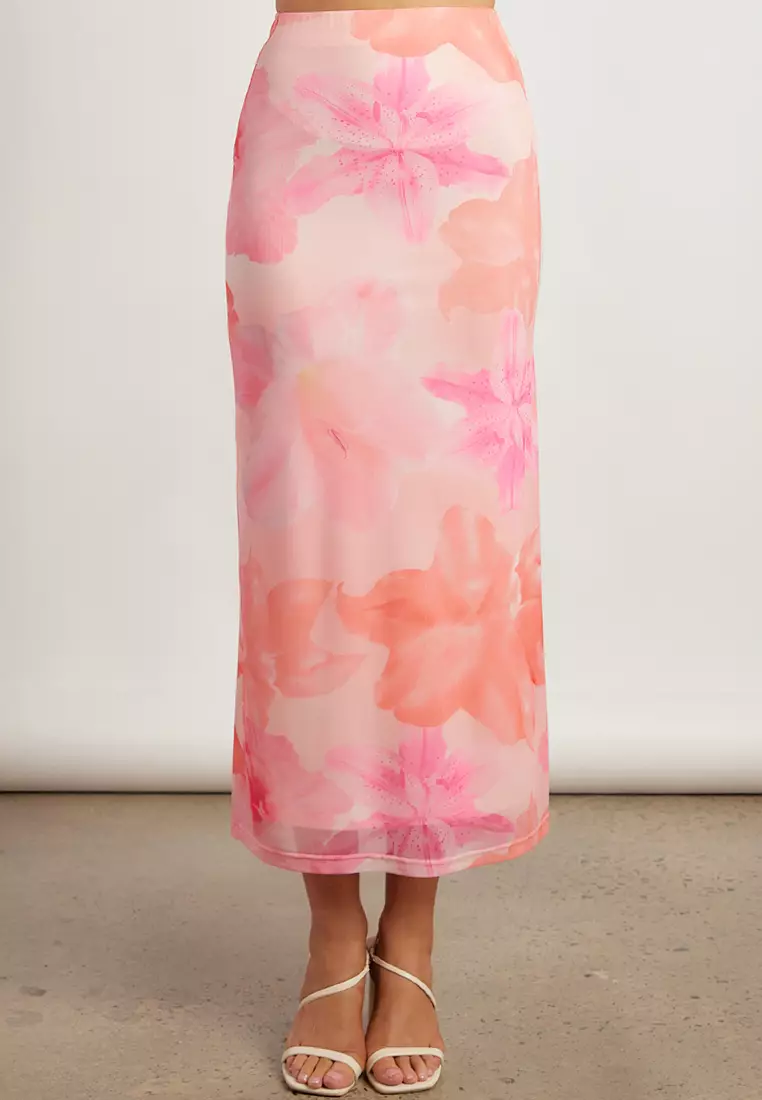 Tropical Floral Print Front Slit Mesh Top & Skirt Set