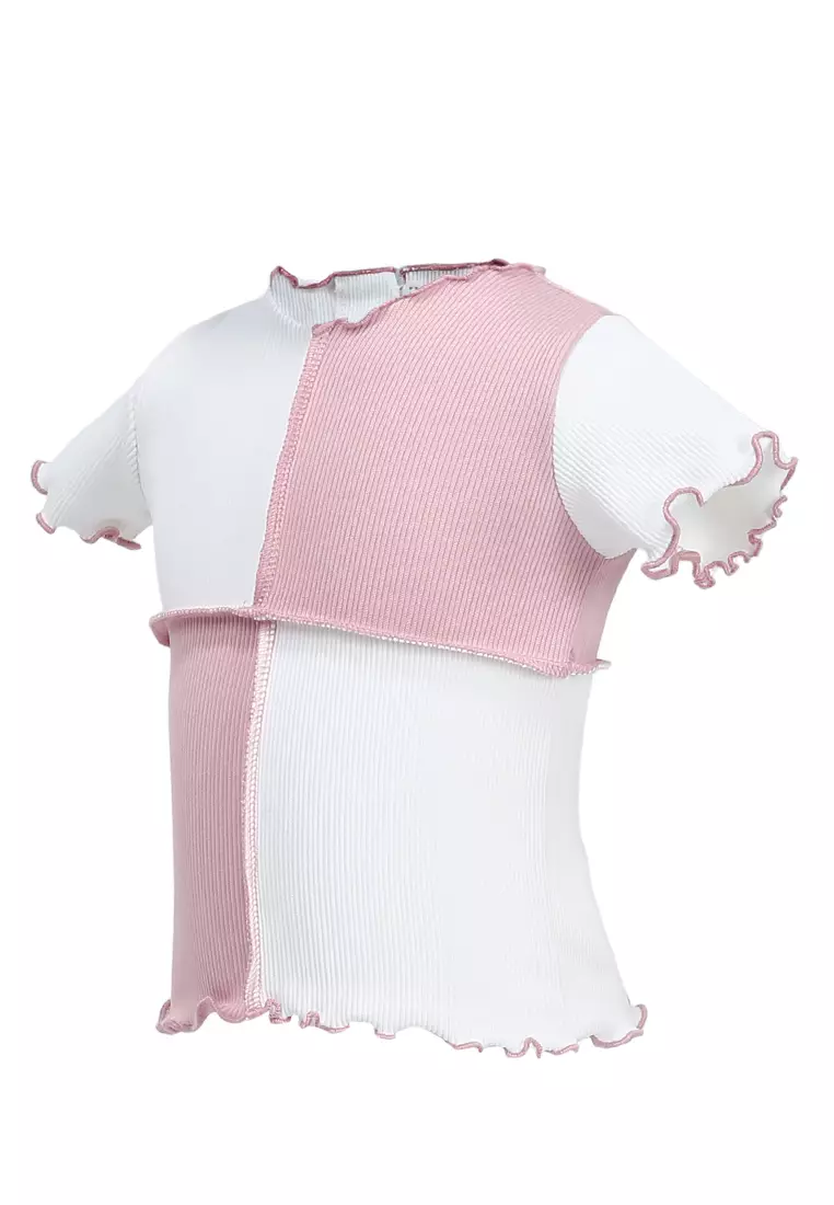Octavia Top Blouse Anak Perempuan Desain Kombinasi Warna Atasan Lengan Pendek Material Knit ORIGINAL - Baby Pink