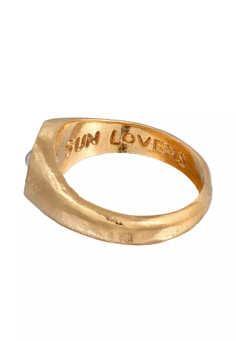 EXCLUSIVE Cincin Perhiasan Perak 925 Unisex Signet Ring Sun Lover Hammered Gold Plated
