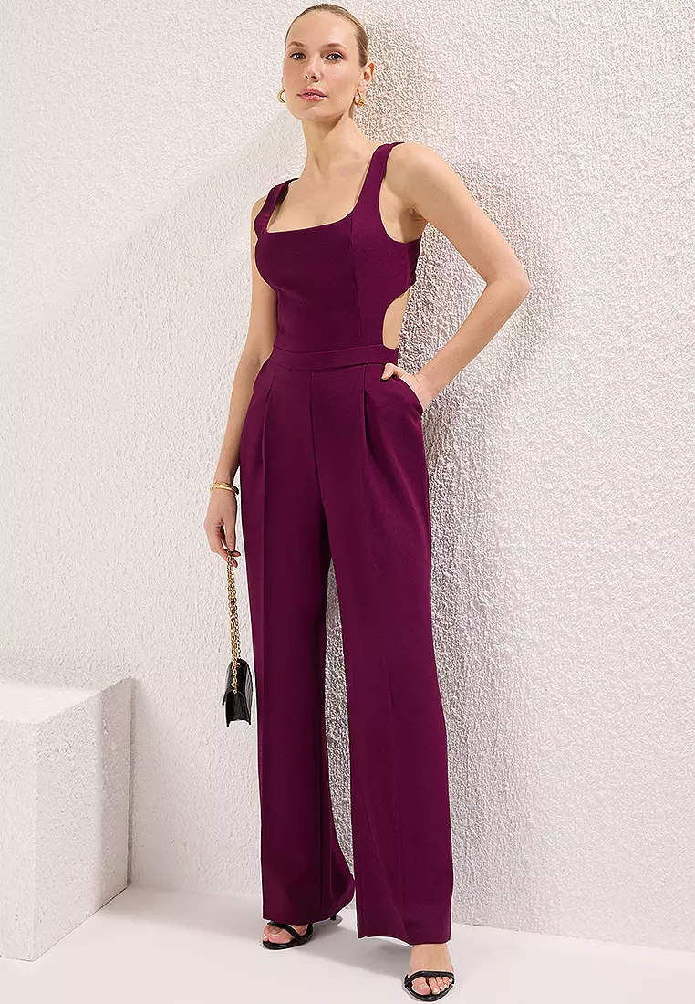 Plum Wide Leg Back Detail Long Woven Jumpsuit