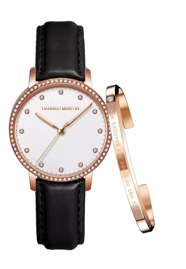 Hannah Martin Crystal Marker Dial Ring Leather Quartz Watch