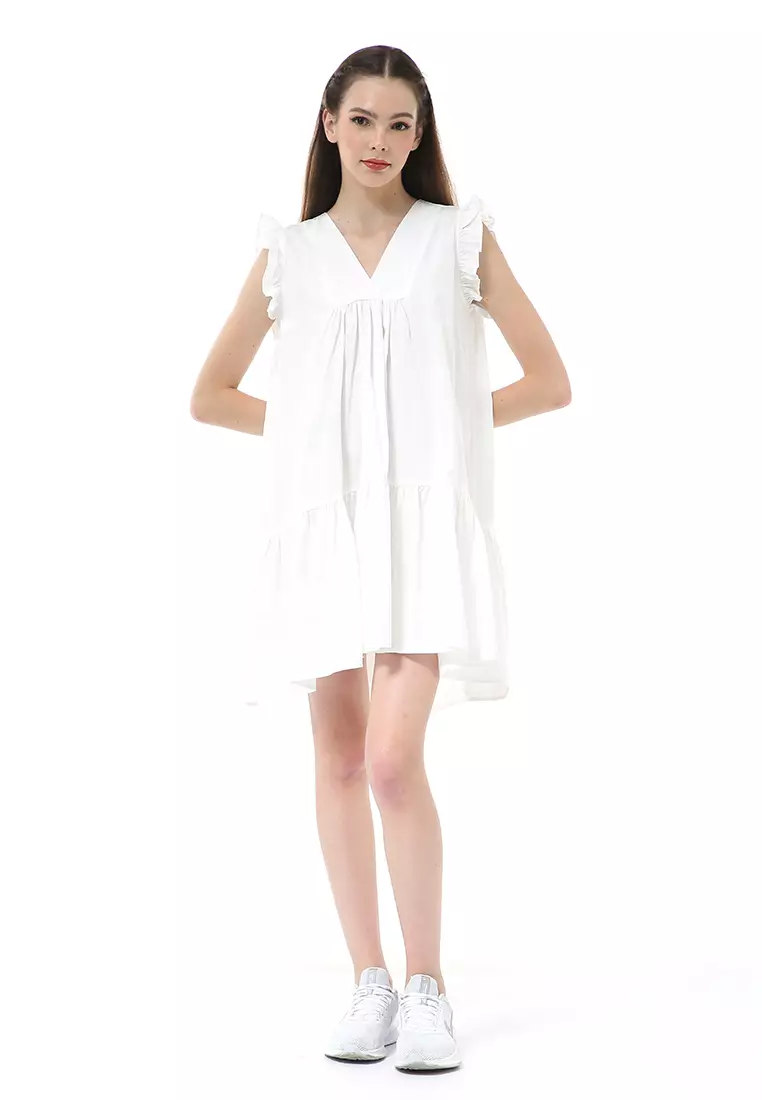 Rachel Mini Dress Ruffle Wanita Lengan Pendek Motif Polos Material Cotton ORIGINAL - White