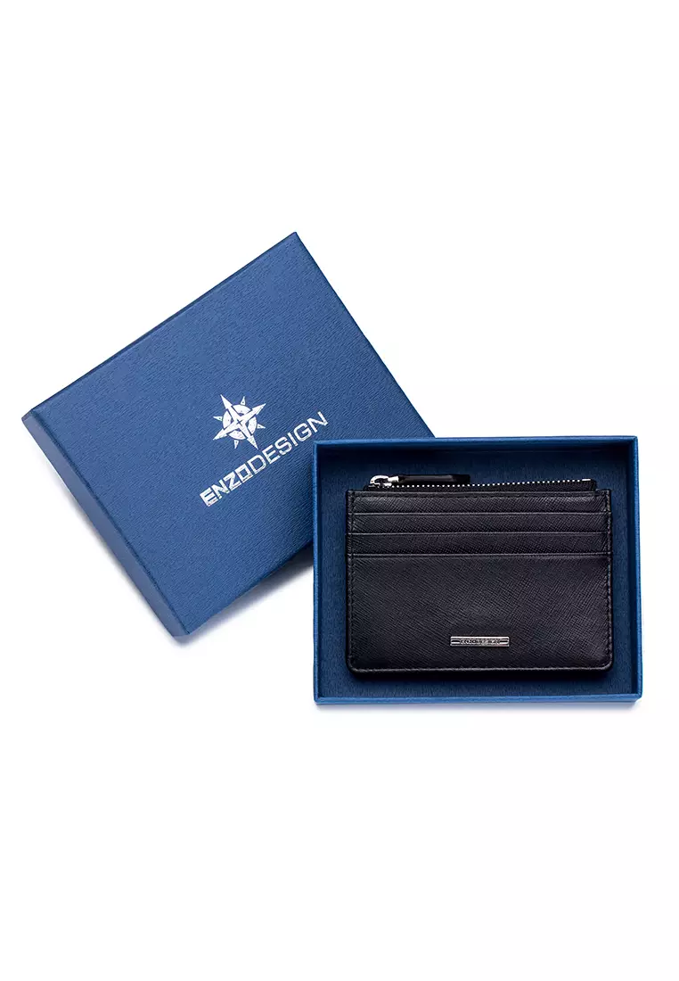 ENZODESIGN Saffiano Leather Card Holder Gusset Zip Pouch With Key Ring Attachment