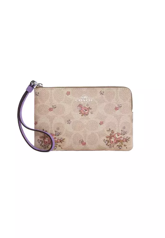 Corner Zip Wristlet In Signature Canvas With Floral Print Sand Multi CAQ59