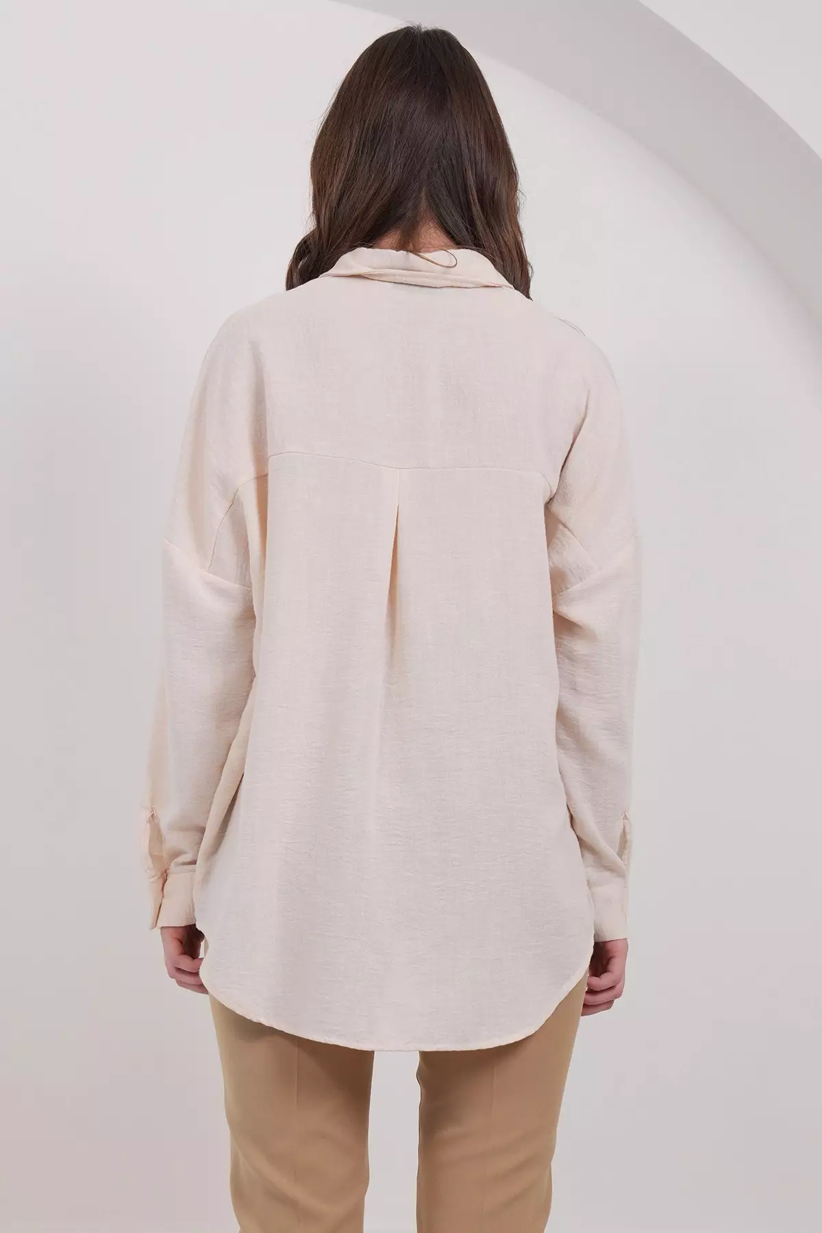 Women'S Beige Embroidery And Sequin Embellished Premium Linen Shirt Alc-X15017