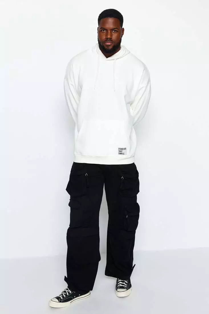 Buy Trendyol Ecru Men's Oversize Half-Zip Hooded Plush Sweatshirt