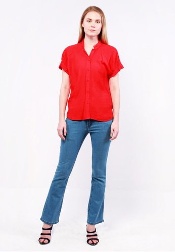 nicole red nicole-Round Neckline Sleeve with Pleated Blouse 5492BAA0332A56GS_1