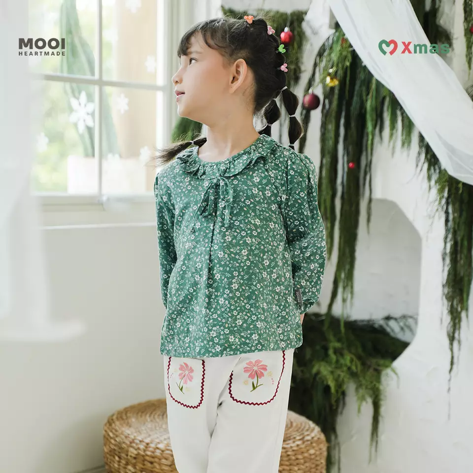 Mooi Atasan Anak Perempuan Millie Ruffle Top - Green Emerald