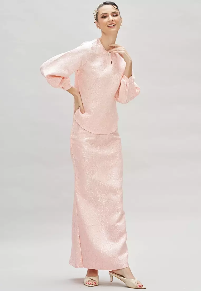 Jacquard Pink Top & Skirt Modern Kurung Kedah Hari Raya