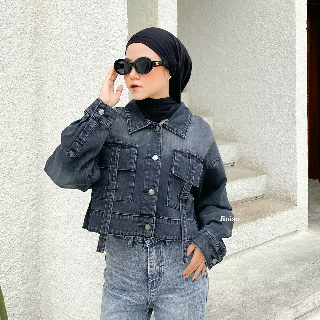 Jaket Crop Jeans Oversize Boxy Black Spray