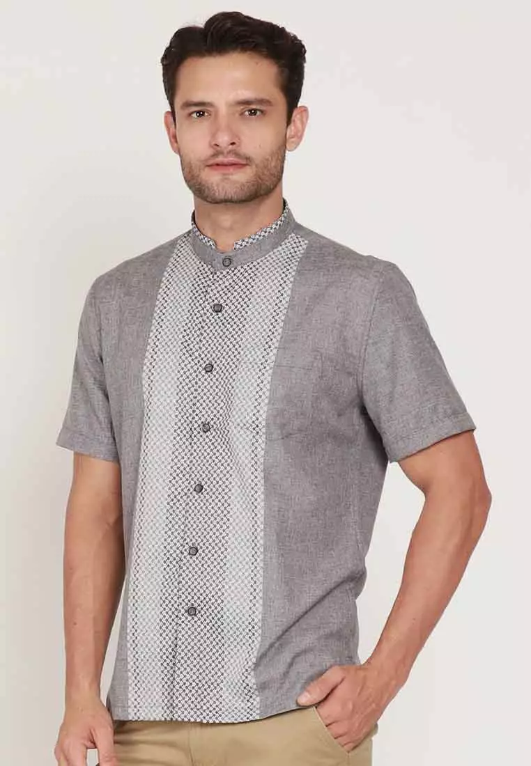 KOKO HAFZAH GREY Kemeja Casual Formal Pria Lengan Pendek SS - Baju Atasan Top Man Muslim Shirt