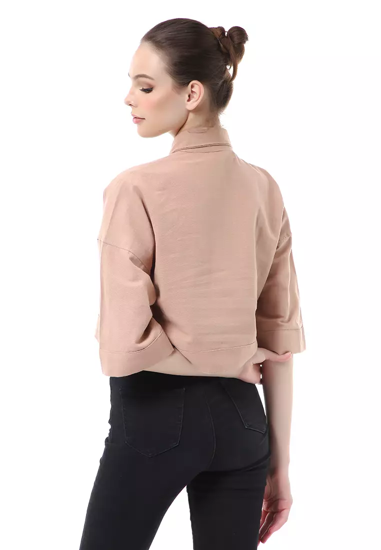 Brielle Atasan Wanita Kemeja Crop Oversize Shirt Lengan Panjang Material Linen ORIGINAL - Caramel