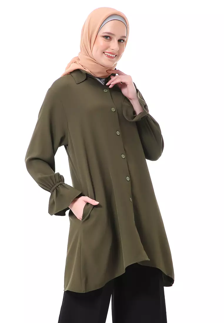 Aleina Blouse Muslimah Atasan Wanita Long Sleeve Premium High Quality - Army