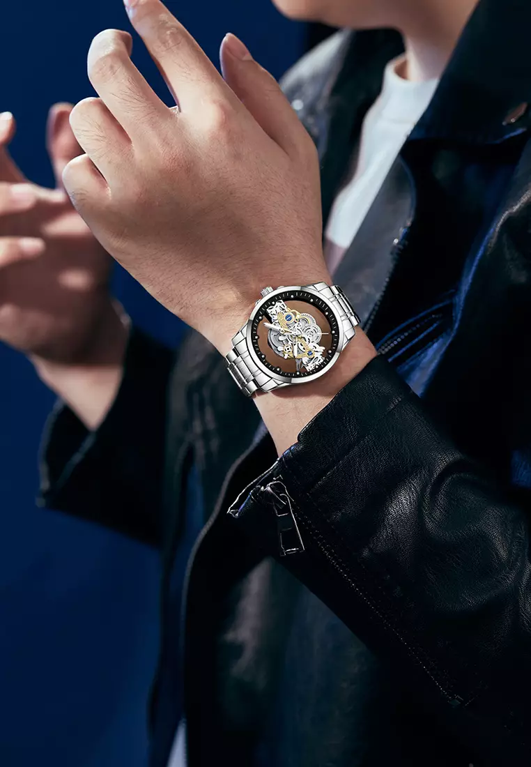 Jam Tangan Pria HD Luminous Function Hollow Dial Tali Stainless Steel Anti Air Jam Tangan Cowok silver white