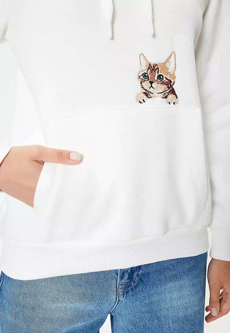 Oversize Hooded Sweatshirt with Pocket Detail and Cat Embroidery