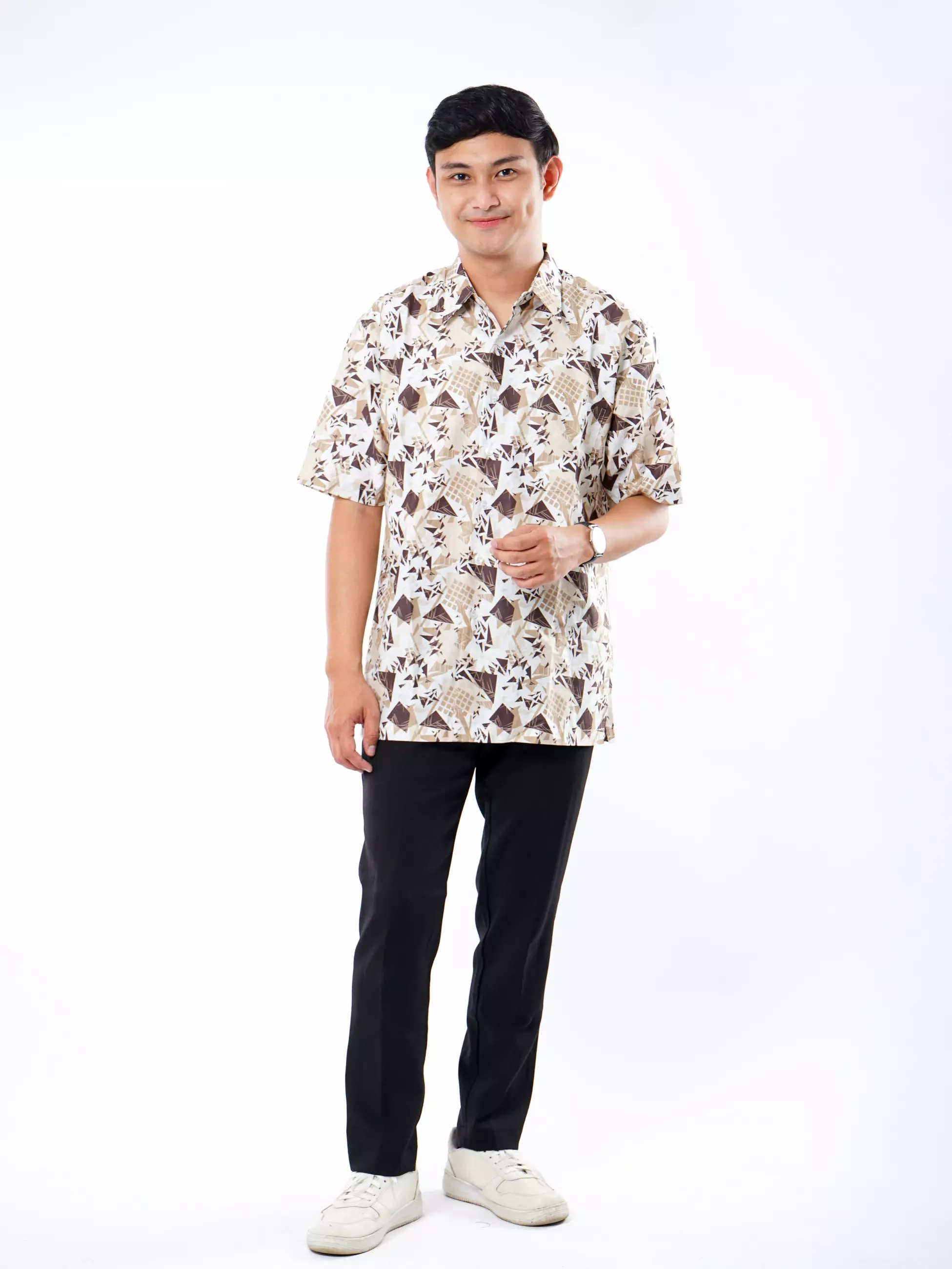Andre Michel Kemeja Lengan Pendek Motif Abstrak Putih Cokelat 16726