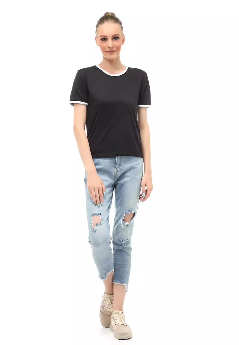 Kaos Oversize List Short Sleeves Design Simple Relaxed Fit - Hitam