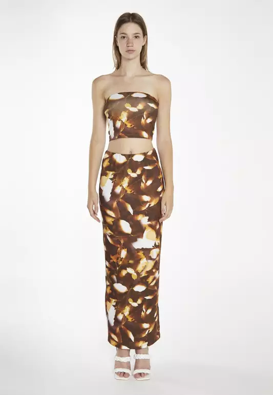 Brown Digital Leaf Bodycon Maxi Skirt