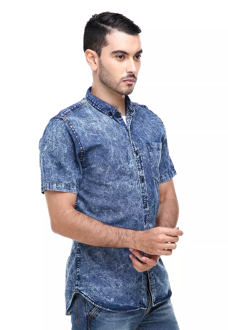 Dwan Shirts Kemeja Jeans Sandwash Kasual Model Slim Fit Material Denim ORIGINAL - Blue